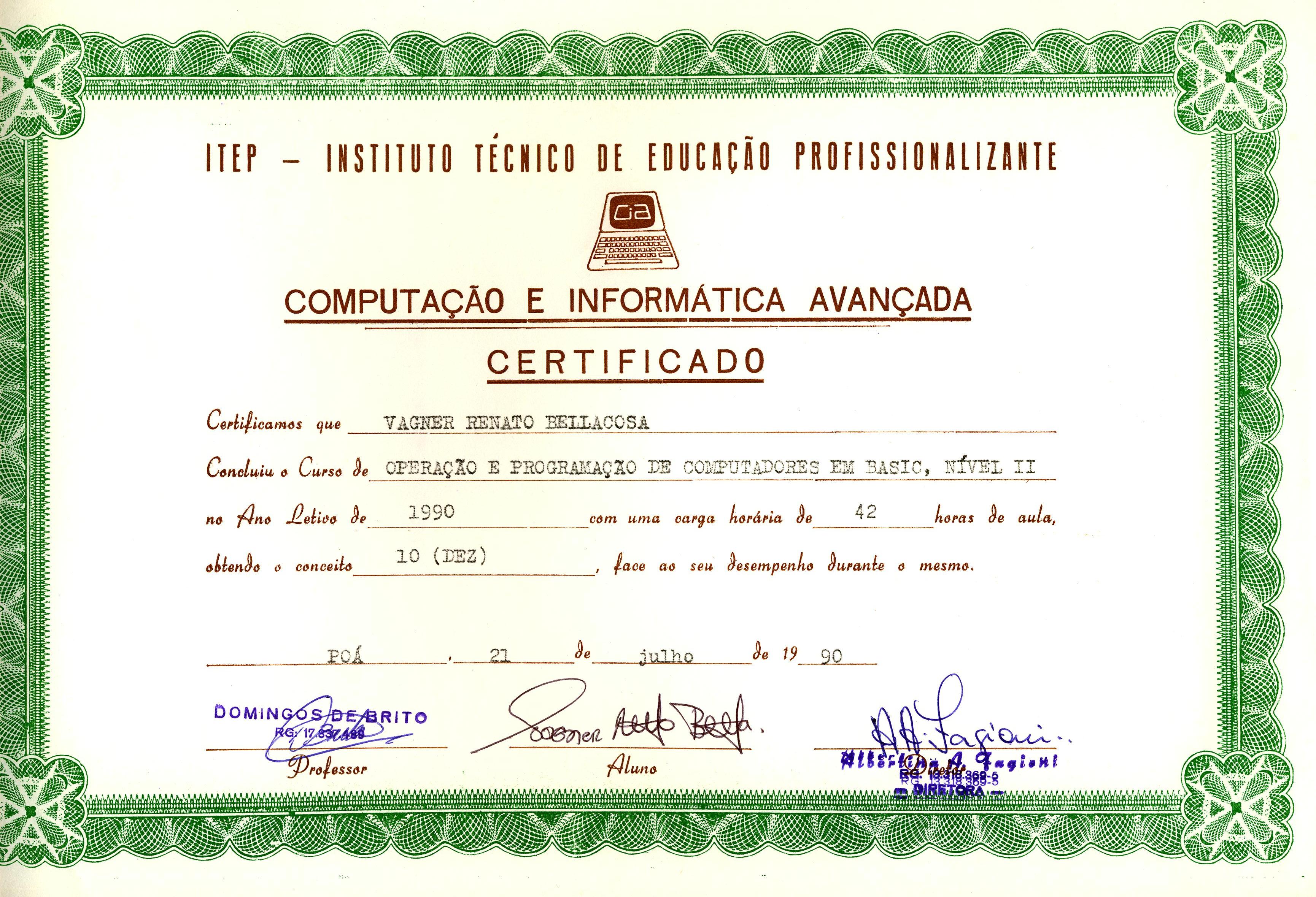 Frente do certificado de Basic II
                             ministrado na ITEP 