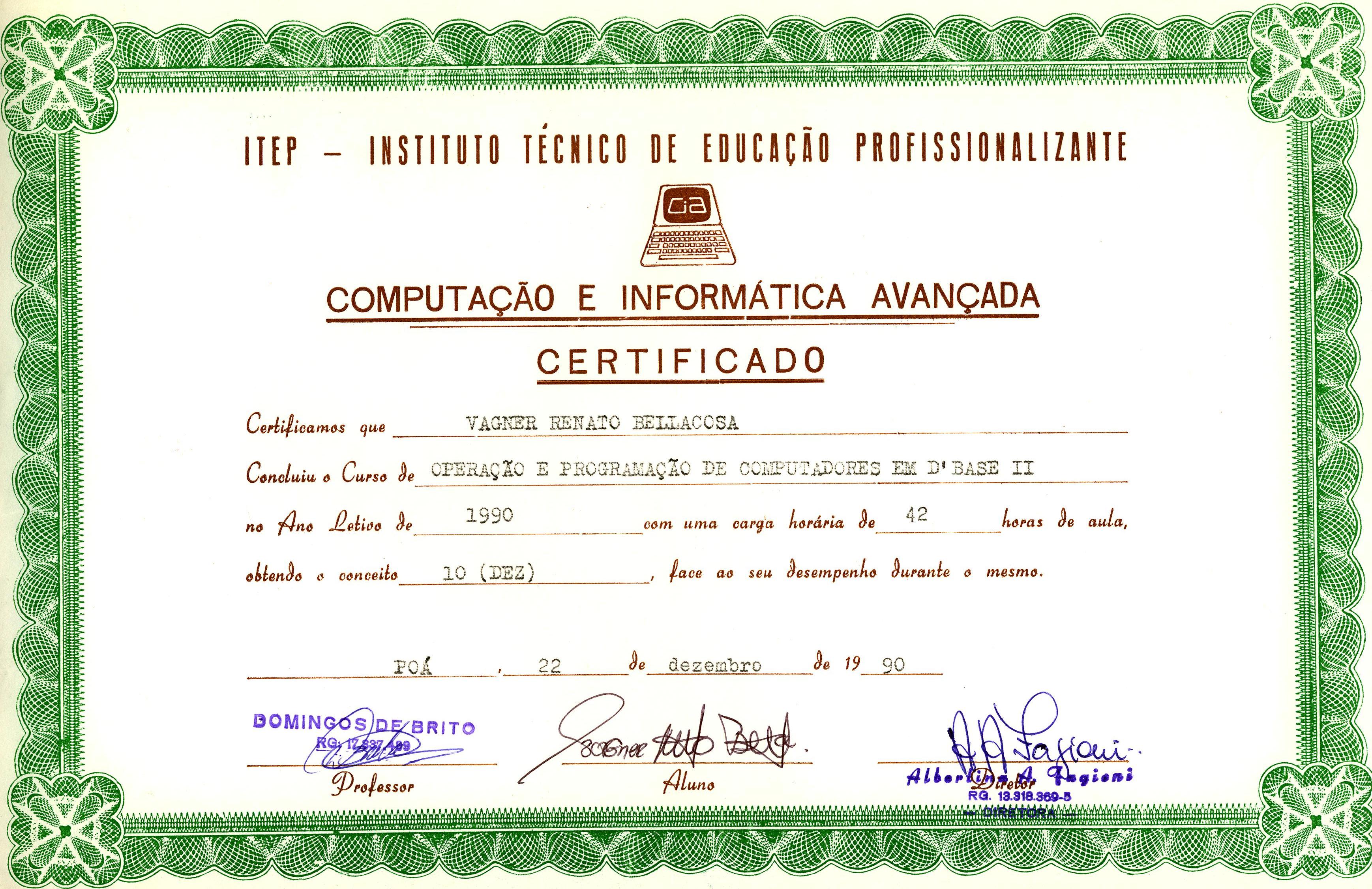 Frente do certificado de DBase II
                             ministrado na ITEP 