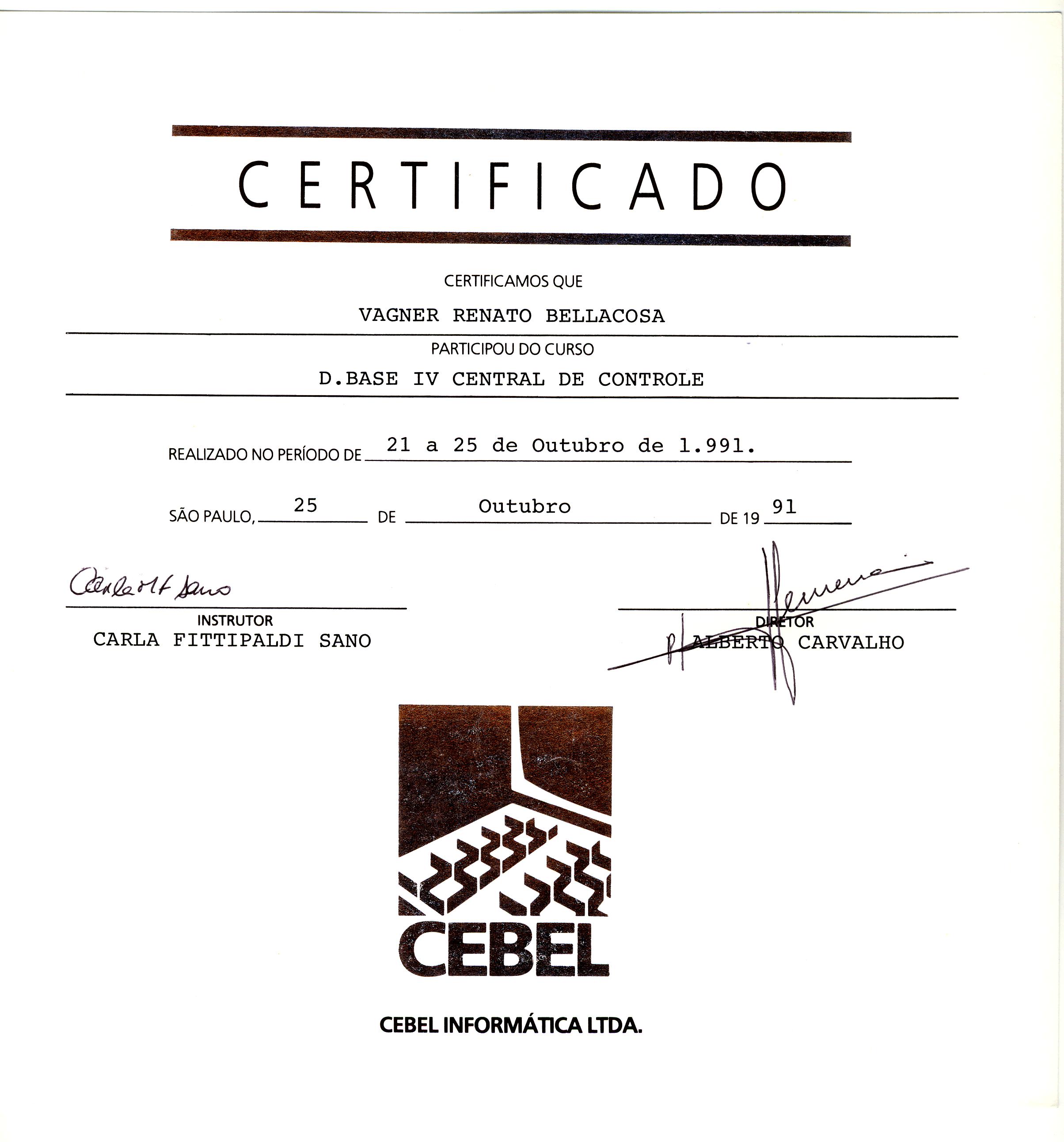 Frente do certificado de DBase IV
                             ministrado na Cebel